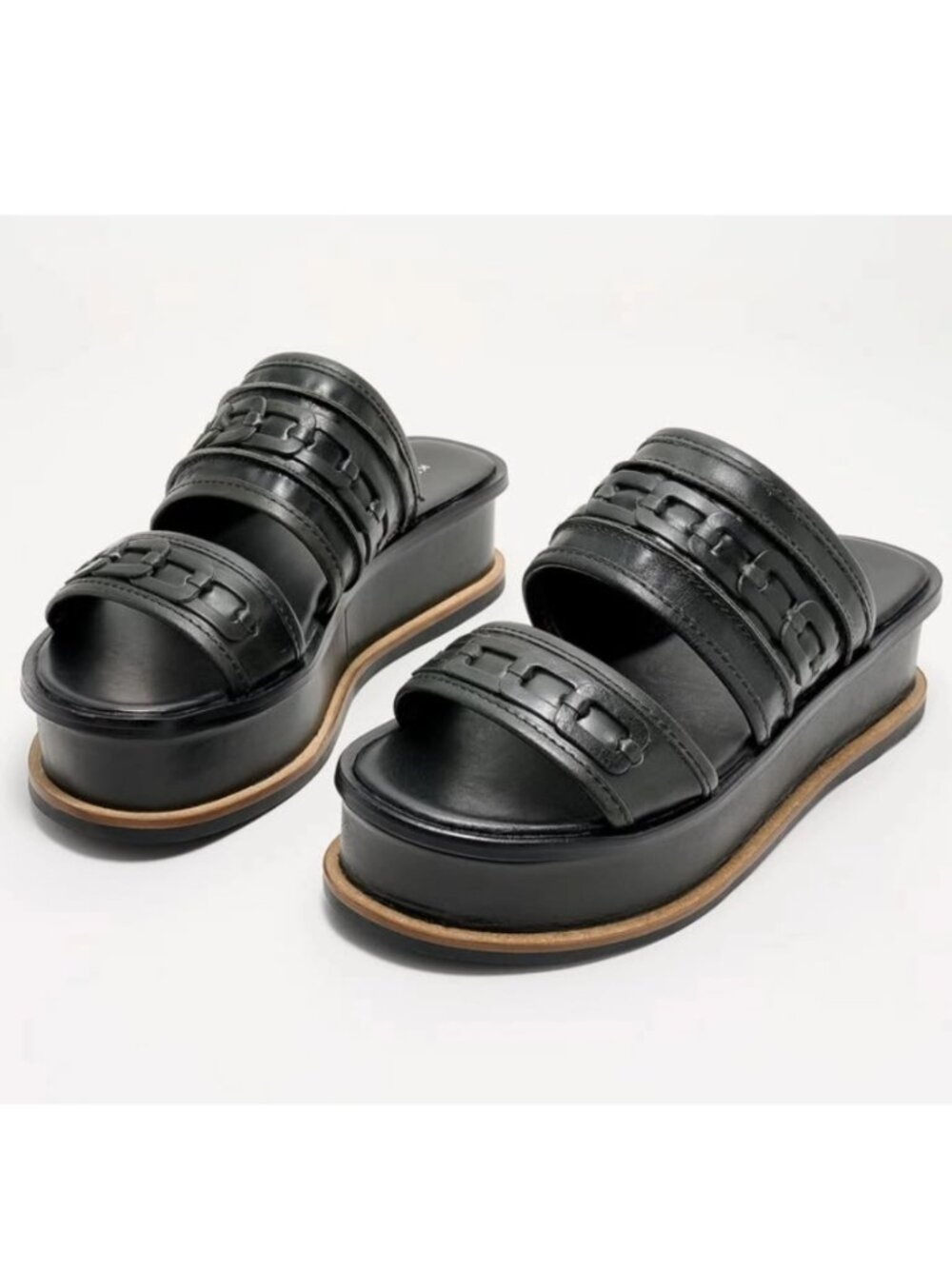 KELSI DAGGER Black Platform Slide Sandals with Chain Accent